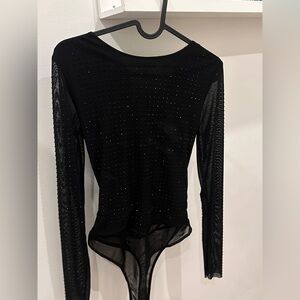 Black rhinestone-studded mesh bodysuit long-sleeve with open back
